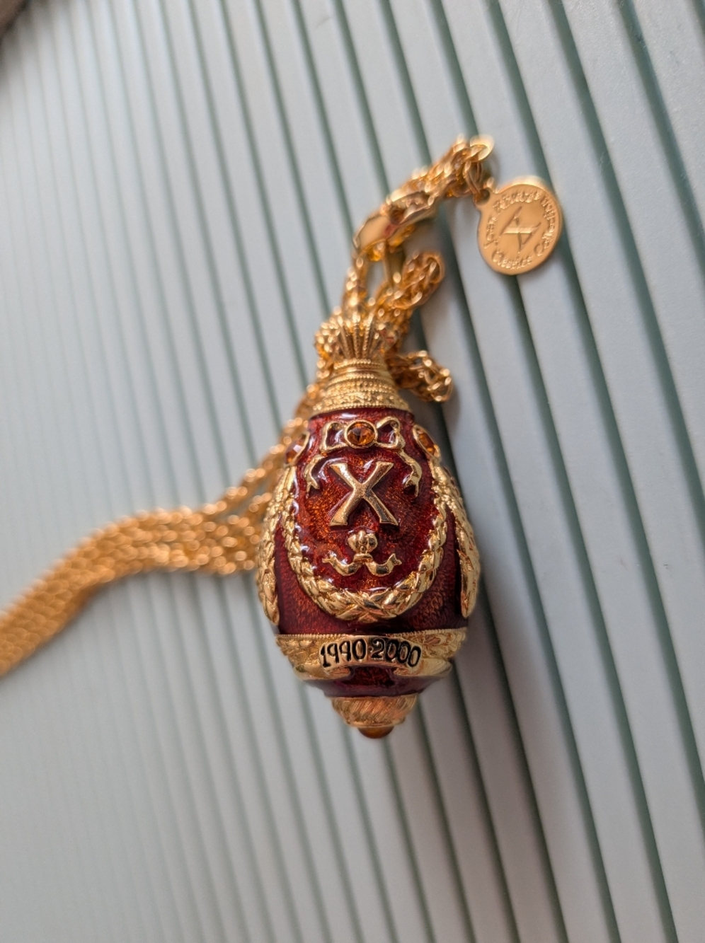 Joan Rivers 10th Anniversary Enamel Faberge Egg Pendant Necklace, 2000